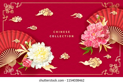 Oriental background with light yellow and pink peonies flowers, decorative golden chinese clouds and fans. 