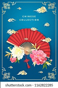 Oriental background with light yellow and pink peonies flowers, decorative golden chinese clouds and red fan