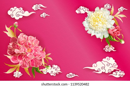 Oriental background with red and pink peonies flowers, leaves, buds and decorative chinese clouds. Paper cut style.