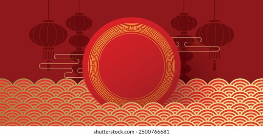Oriental background template with waves pattern and round frame. Chinese new year banner template vector illustration.