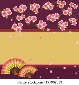 Oriental background with two fans and blossoming pink sakura - Japanese cherry tree with falling petals. Beautiful golden - maroon wallpaper with place for text. Vector illustration