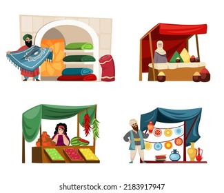 oriental bazaar. asian market place with silk clothes decorative carpets delicious food and spices. Vector colored pictures of turkish bazaar