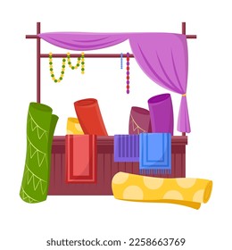 Oriental bazaar with carpets vector illustration.Booth stand or merchant stall on white background. Marketing, Middle East, Thailand or India concept