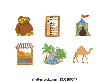 Oriental bazaar icons. Middle east style old arabian market.