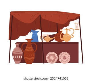 Oriental bazaar. Souk trade tent with handmade pottery antiques. Eastern marketplace awning, canopy with vases, plate, kettle and jugs. Asian fair marquee cartoon vector flat illustration isolated