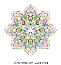 oriental beautiful female ornament color card with mandala with white lines. Vintage decorative elements. Hand drawn background. yoga logo