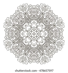 Oriental beautiful ornament. Mandala. Round pattern. Hand drawing. Relax, yoga. Coloring