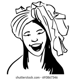 The oriental beautiful woman with a turban on her head black and white vector sketch, simple drawing