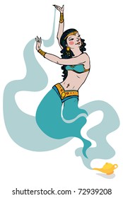 Oriental belly dancer coming out of a lamp