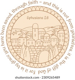 Oriental biblical city mandala with bible verse Ephesians 2:8 NIV decorative verse