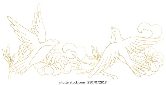 Oriental birds and flowers illustration. Chinese and japanese traditional background.