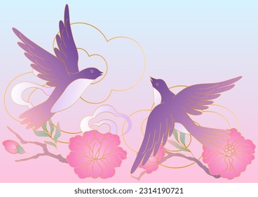 Oriental birds and flowers illustration. Chinese and japanese traditional background.