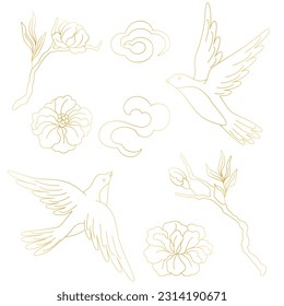 Oriental birds and flowers set. Chinese and japanese traditional illustration.