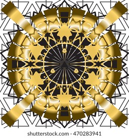 Oriental black and gold seamless pattern. Circular ornamental tribal background