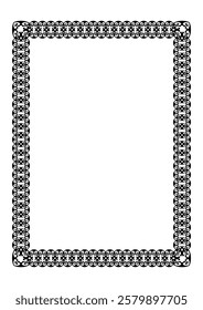 Oriental black rectangular Vertical frame with arabesques. Floral black border on white background. A4 format. Elegant element for design in Eastern style. Ornate frame for embroidery, sandblasting