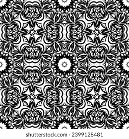 Oriental black and white pattern with damask, arabesque and floral elements. Seamless abstract ornament.
