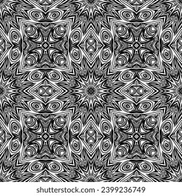 Oriental black and white pattern with damask, arabesque and floral elements. Seamless abstract ornament.