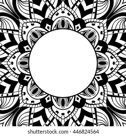 Oriental, black-white frame. Background with ornament and place for text. Vector card. Vinyl cover, CD, DVD cover. Template for coloring book.