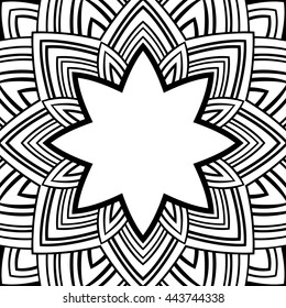Oriental, black-white frame. Background with ornaments 
and place for text. Vector card. Vinyl cover, CD, DVD cover. Template for coloring book.