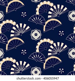 Oriental blue background in the Chinese and Japanese style. Traditional pattern with stylized fans.