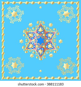 Oriental blue background with gold stars and decorative ornament. Digital Illustration for Art, Print, Web, fashion, textile, Album, Holiday greeting card, invitation, carnival graphic design. Vector