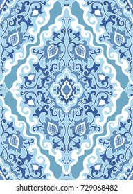 Oriental blue floral ornament. Template for carpet, textile and any surface. Seamless vector pattern on a white background.