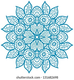 Oriental Blue mandala motif round lase pattern on the white background, like snowflake or mehndi paint