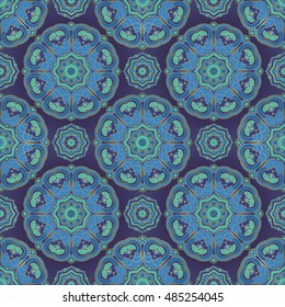 Oriental blue ornament with mandalas. Template for carpet, textile, wallpaper.