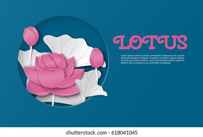 Oriental blue pattern horizontal banner with cut round frame and floral background with pink lotus flowers decoration. Vector illustration, paper cut out art style. Caption lotus. Layers are isolated