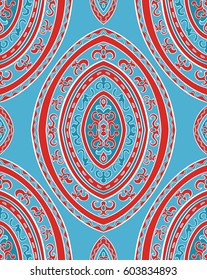 Oriental blue and red ornament. Template for carpet, textile, wallpaper and any surface. Seamless vector pattern on a light blue background.