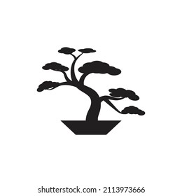 Oriental Bonsai Art, Japanese Mini Small Plant Tree On Pot Silhouette Logo Design Vector