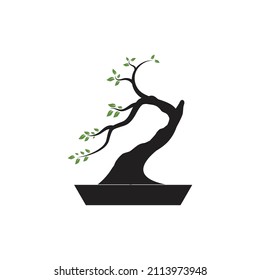 Oriental Bonsai Art, Japanese Mini Small Plant Tree on Pot Silhouette logo design vector