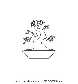 Oriental Bonsai Art, Japanese Mini Small Plant Tree on Pot Silhouette logo design vector