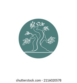 Oriental Bonsai Art, Japanese Mini Small Plant Tree on Pot Silhouette logo design vector