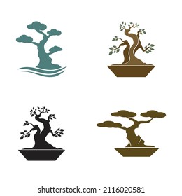Oriental Bonsai Art, Japanese Mini Small Plant Tree on Pot Silhouette logo design vector