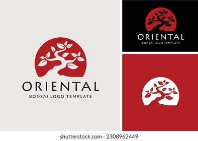 Oriental Bonsai Art, Japanese Mini Small Plant Tree on Pot Silhouette logo design vector