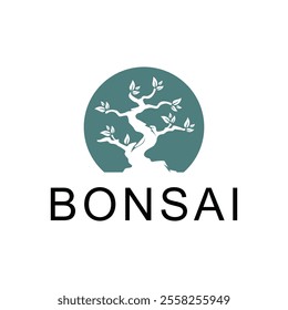 Oriental Bonsai Art, Japanese Small Plant Tree on Pot Silhouette logo design vector