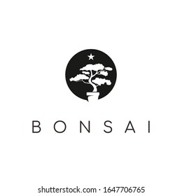 Oriental Bonsai Art, Small Plant Tree on Pot Silhouette logo design vector