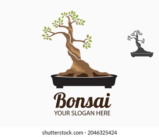 oriental bonsai logo design. Japanese mini small plant tree pot. bonsai tree illustration vector