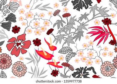 Oriental botanical print. Seamless floral pattern with maple branches, bamboo, blooming sakura and other plants. On white background.