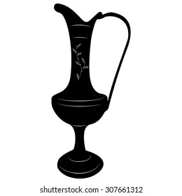 Oriental brass pitcher vase stylized vector illustration in black and white.