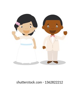 Oriental bride and black bridegroom Interracial newlywed couple in cartoon style Vector illustration