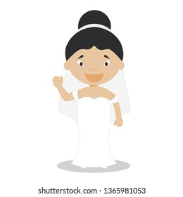 Oriental bride wearing a wedding dress in cartoon style Vector Illustration