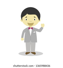 Oriental bridegroom wearing a grey suit in cartoon style Vector Illustration