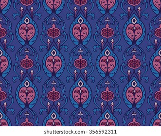 Oriental, bright, vintage pattern with pomegranates. Vector seamless ornament of ornate elements on a indigo background. Old-fashioned blue wallpaper. Template for the textile.