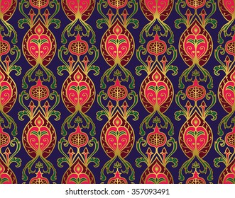 Oriental, bright, vintage pattern with pomegranates. Vector seamless ornament of ornate elements on a indigo background. Template for the textile, carpet, bedcover, curtain, tablecloth.