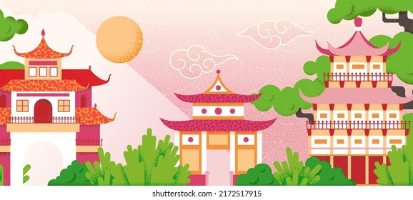 Oriental buildings landscape. China or korea place, asian temple mountain panorama. Japan traditional town, culture ancient swanky house and nature vector background