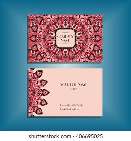 Oriental business card mock-up with pink round mandala pattern and ornament, floral card design layout template. Size 85mm x 65mm. Front and back sides. Editable and movable objects. EPS 10.
