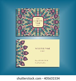 Oriental business card mock-up with red and blue round mandala pattern and ornament, floral card design layout template. Size 85mm x 65mm. Front and back sides. Editable and movable objects. EPS 10.
