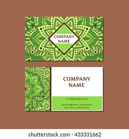 Oriental business card template vector. Ornamental floral mandala visiting card template. Arabic pattern design layout. Indian, ottoman, Islam, Arabic, turkish motifs. Front page and back page.